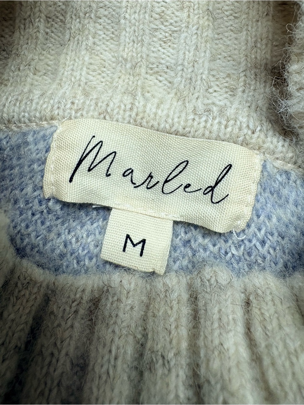 Marled Fair Isle Wool Blend Mock Turtleneck Sweater Cream, blue & tan. Medium - Picture 12 of 14